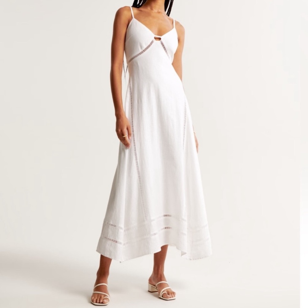 Abercrombie & Fitch‎ Linen Blend Lace-Pieced Sharkbite Midi Dress White LP